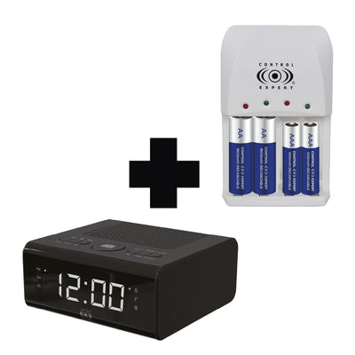 Kit radio despertador digital mas cargador de baterias recargables
