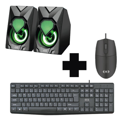 Kit de bocinas amplificadas para area de computo mas combo de teclado y mouse alambrico